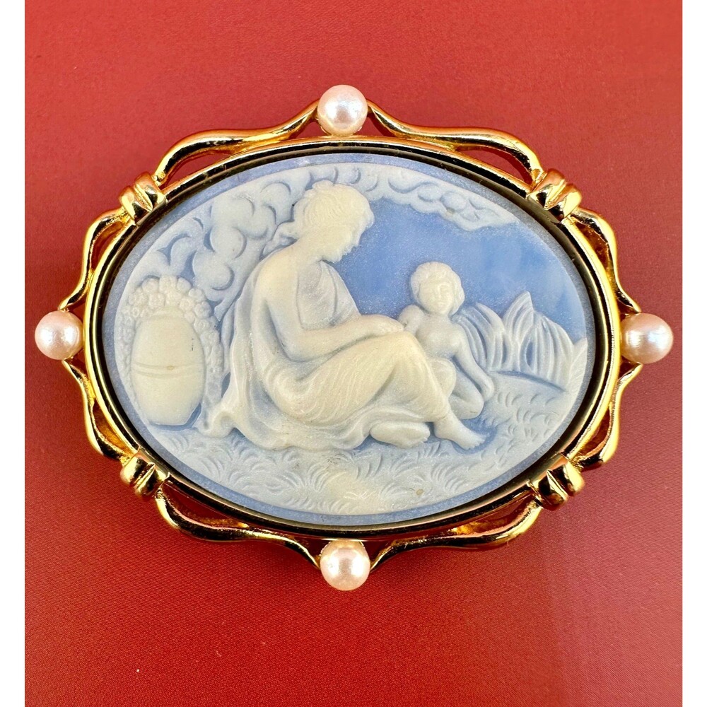 Vintage Monet Brooch Blue White Wedgwood Stone Cameo Mother Child Gold Tone Oval